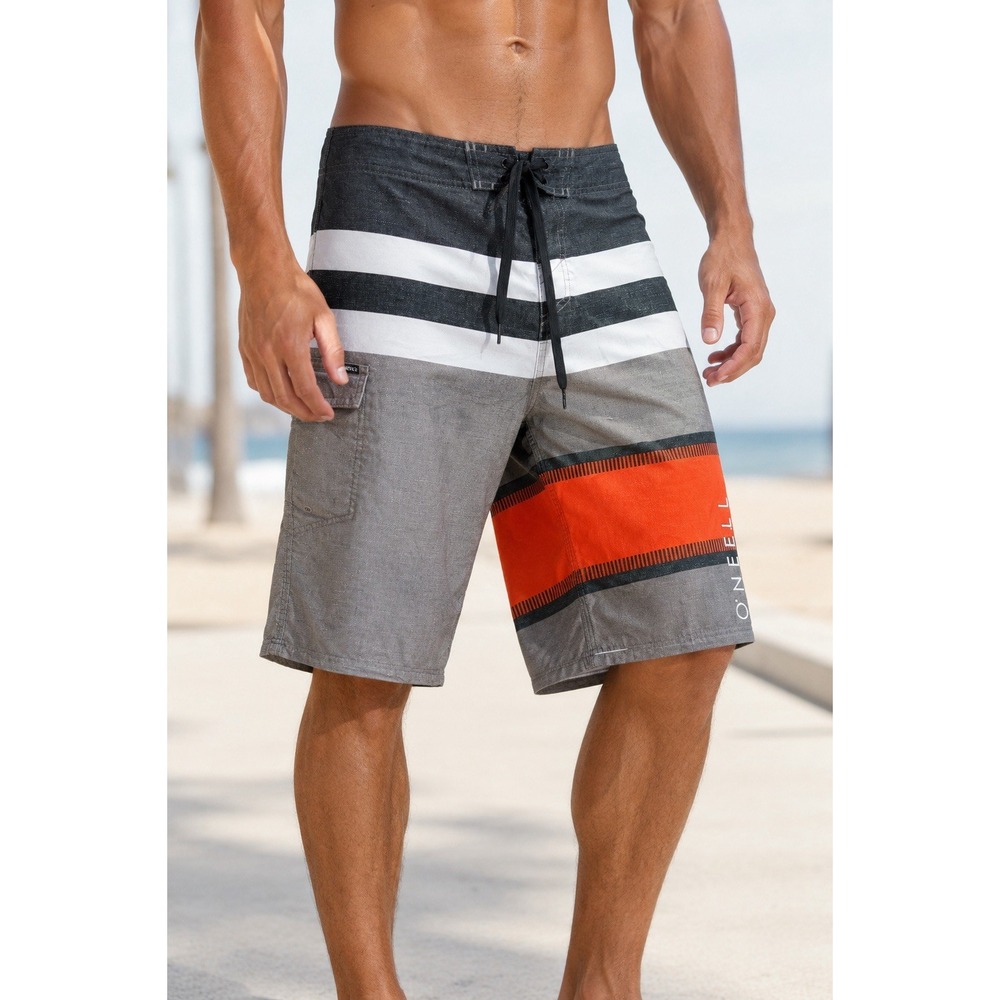 O'Neill Lennox Boardshorts Men's 34 Gray Orange Stripe Swim Surf 15106202